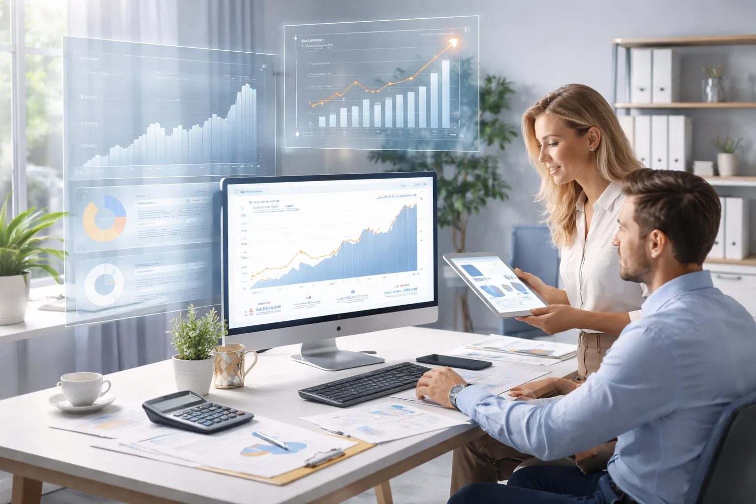 Accounting SEO performance review with consultants analyzing authority growth and search visibility charts.