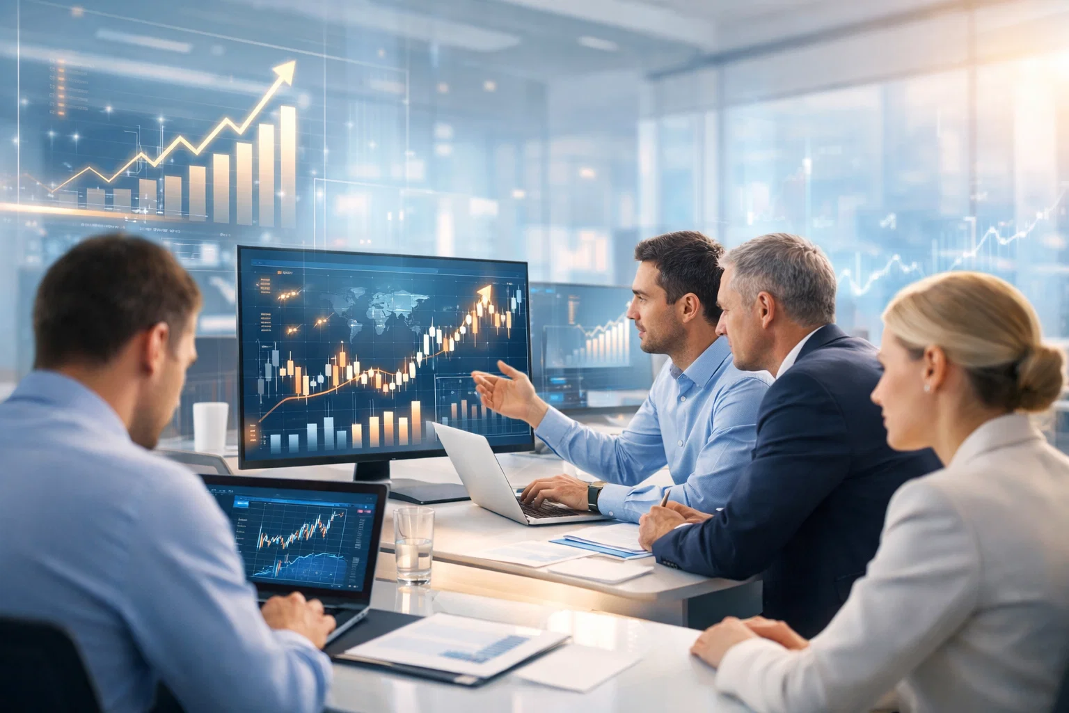 CFD forex broker SEO growth analysis with team reviewing charts and trading performance data.
