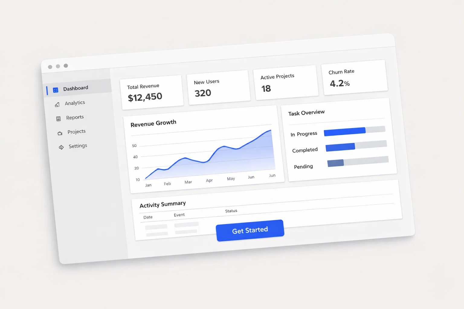Project dashboard with revenue growth, active projects, and task overview.